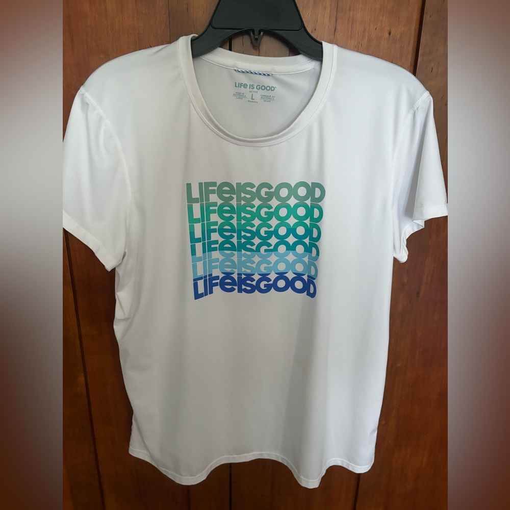 Life Is Good White Short Sleeve Tee with Aqua to Blue Logo